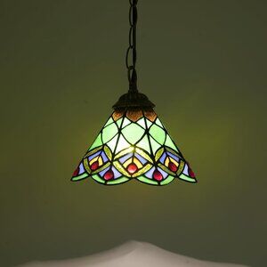 Tiffany Style Pendant Light 8 Inch Green Peacock Tail Hanging Lamp